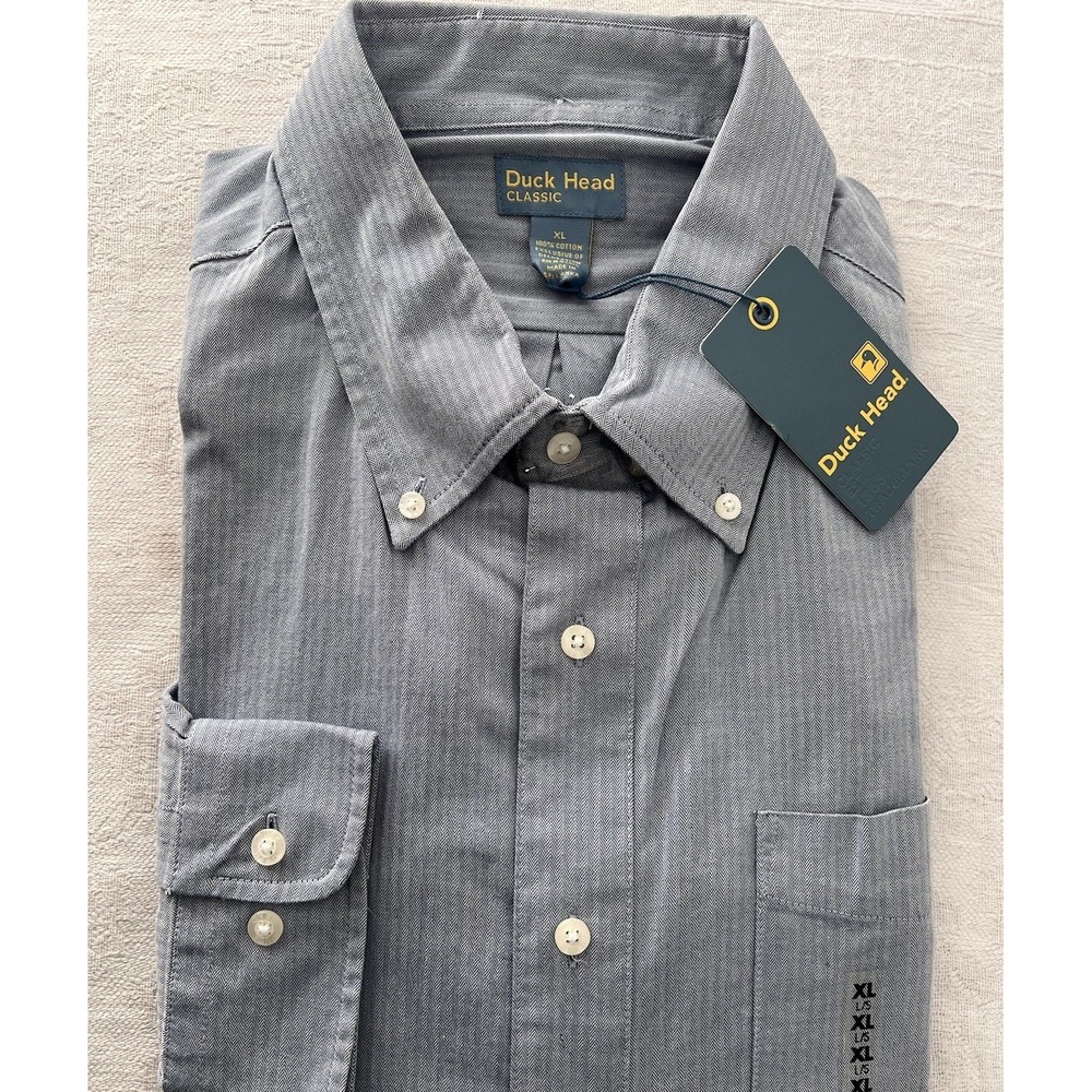 NWT Duck Head Button Down Dress Shirt XL Herringbone Stripe Cotton New Blue